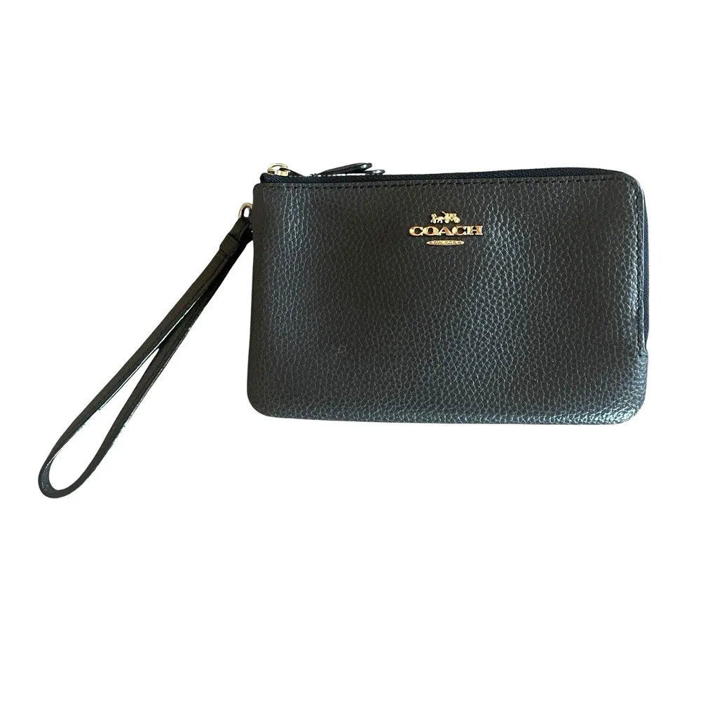 COACH 87590 Double Corner Zip Wristlet Wallet Gray Pebbled Leather Gold Tone